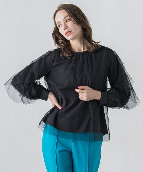 Viaggio Blu(ビアッジョブルー)の「チュールレイヤードブラウス≪洗濯機で洗える≫(シャツ/ブラウス・レディース・ブラック/ライトブルー/オフホワイト・M)」の4枚目の写真