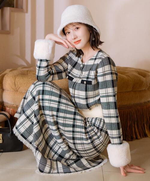 CHECK KNIT series】チェック柄ニットフレアスカート（スカート