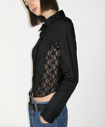 Lace Asymmetric Fitted Shirt, BLACK