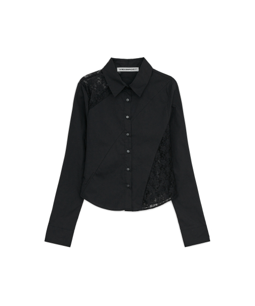 Lace Asymmetric Fitted Shirt, BLACK