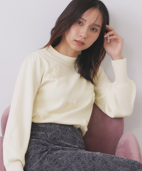 セール】フラワーモチーフハイネックニット【洗える】（ニット