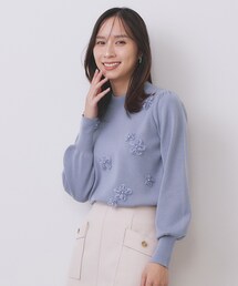 フラワーモチーフハイネックニット【洗える】