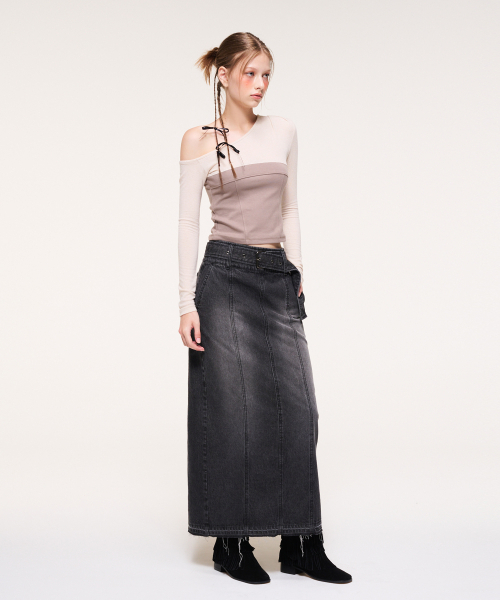 ETMON（エトモン）の「Wide Belt Long Denim Skirt, Black（スカート・レディース・その他・M）」の2枚目の写真