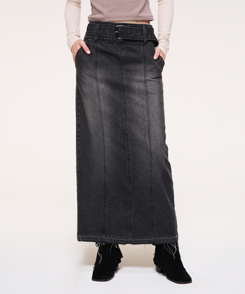 ETMON（エトモン）の「Wide Belt Long Denim Skirt, Black（スカート・レディース・その他・M）」の3枚目の写真