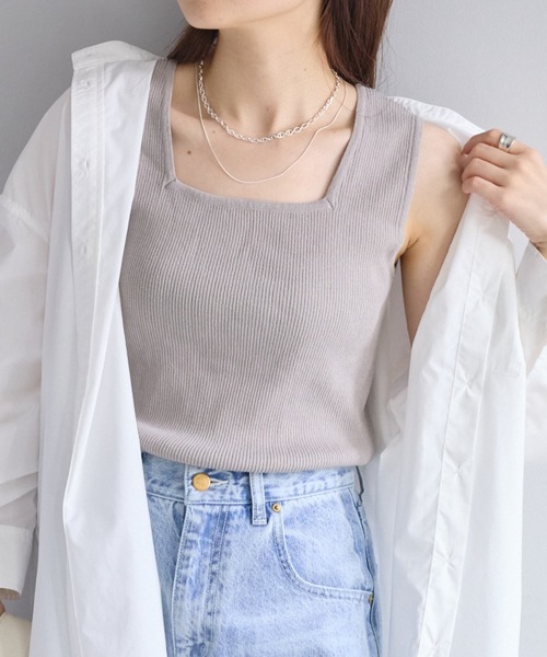 PUAL CE CIN（ピュアルセシン）の「【Du noir】リネンタッチスクエアタンク（タンクトップ・レディース・ブラック/オフホワイト/グレイッシュベージュ・FREE）」の3枚目の写真