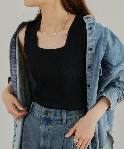 PUAL CE CIN（ピュアルセシン）の「【Du noir】リネンタッチスクエアタンク（タンクトップ・レディース・ブラック/オフホワイト/グレイッシュベージュ・FREE）」の2枚目の写真