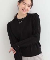【洗濯機可/S-LL】手元美しく パールボタン&お袖編み柄切り替えニット