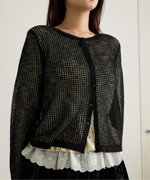 Siel(シエル)の「メッシュ編みシアーカーディガン 冬服(カーディガン/ボレロ・レディース・ブラック/ライトブルー/グレー/レッド/ピンク・FREE)」の2枚目の写真