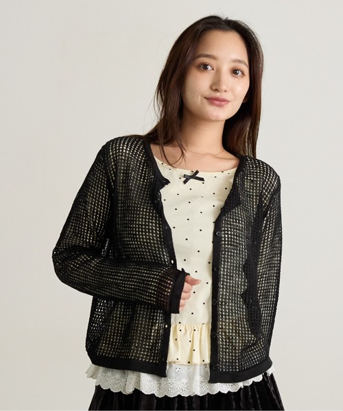 Siel(シエル)の「メッシュ編みシアーカーディガン 冬服(カーディガン/ボレロ・レディース・ブラック/ライトブルー/グレー/レッド/ピンク・FREE)」の11枚目の写真