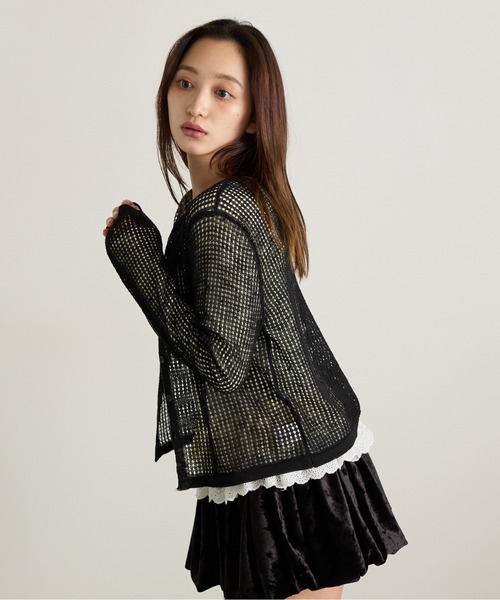 Siel(シエル)の「メッシュ編みシアーカーディガン 冬服(カーディガン/ボレロ・レディース・ブラック/ライトブルー/グレー/レッド/ピンク・FREE)」の13枚目の写真