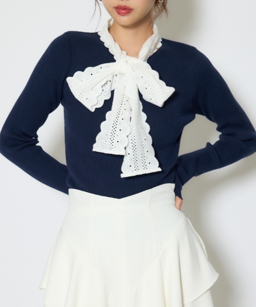 rienda(リエンダ)の「コットンレースリボンニットトップス 春服(ニット/セーター・レディース・ベージュ/ピンク/ネイビー・FREE)」の3枚目の写真