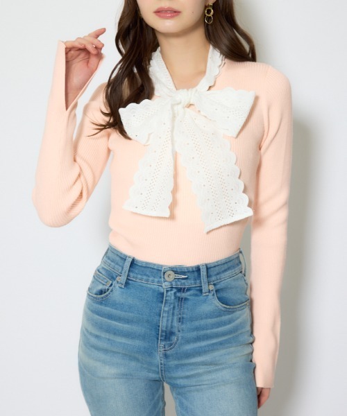 コットンレースリボンニットトップス 春服（ニット/セーター）｜rienda