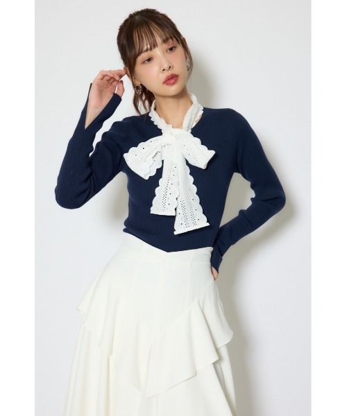 コットンレースリボンニットトップス 春服（ニット/セーター）｜rienda