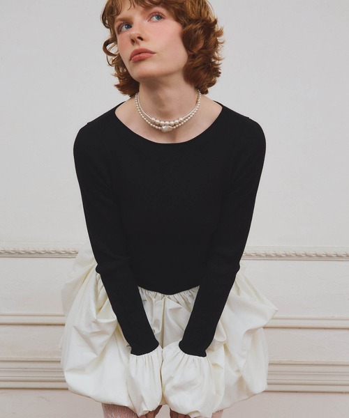 EIMY ISTOIRE（エイミーイストワール）の「ボリュームヘムドッキングニットワンピ（ワンピース・レディース・ブラック/アイボリー/レッド・F）」の12枚目の写真