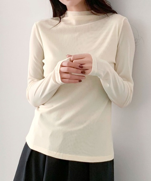 LOWO(ロワ)の「プチハイネック シアートップス カットソー 長袖 きれいめ インナー(Tシャツ/カットソー・レディース・キャメル/アイボリー/チャコールグレー/ブラウン/ブラック・L/M)」の12枚目の写真