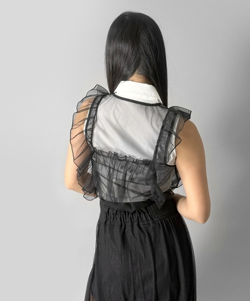 LVEU.(ラブユ.)の「【LVEU.】フリルデザインシアービスチェ / トップス ブラウス ビスチェ ノースリーブ シフォン風 シアー フリル ブラック ZOZOTOWN限定(Tシャツ/カットソー・レディース・ブラック・FREE)」の6枚目の写真