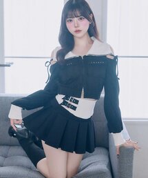 【Belle Charme】Side Belt Pleats Rib Skirt