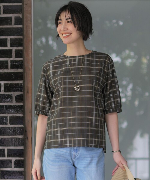 J.PRESS(ジェイプレス)の「【一枚で着映え】キュプラチェック 5分袖 ブラウス(シャツ/ブラウス・レディース・ネイビー系3/ブラウン系3/ホワイト系3・9/11)」の1枚目の写真