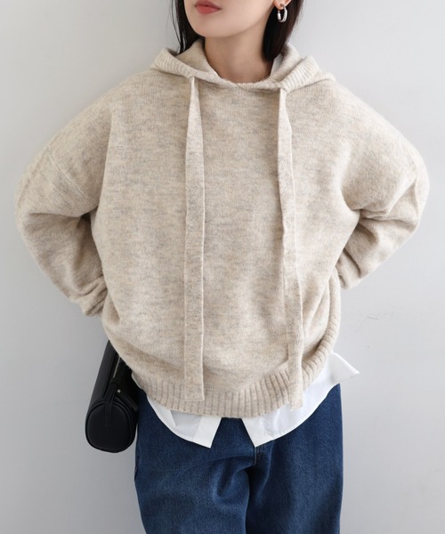 andme（アンドミー）の「フーディ長袖ニットパーカー（ニット/セーター・レディース・チャコールグレー/オフホワイト/グレイッシュベージュ/ブラウン・M）」の21枚目の写真