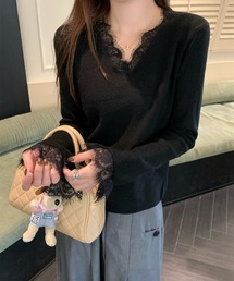Vネック レース切替 長袖 サマーニット