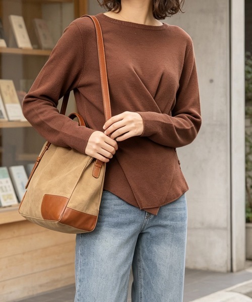 Miniministore（ミニミニストア）の「ニットトップス 長袖 クロスニット 秋冬（ニット/セーター・レディース・グレー/ブラック/ブラウン/ライトベージュ・FREE）」の5枚目の写真