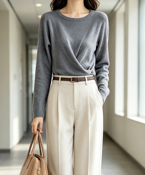 Miniministore（ミニミニストア）の「ニットトップス 長袖 クロスニット 秋冬（ニット/セーター・レディース・グレー/ブラック/ブラウン/ライトベージュ・FREE）」の7枚目の写真