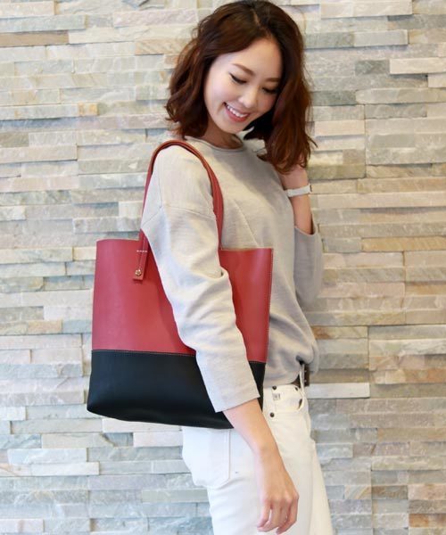 sankyo shokai（サンキョウショウカイ）の「バイカラー フェイクレザー トートバッグ（トートバッグ・レディース・その他3/その他5/その他1/その他2/その他4/キャメル/ブラック×レッド/ピンク×イエロー/ピンクベージュ/コーラルピンク・FREE）」の9枚目の写真