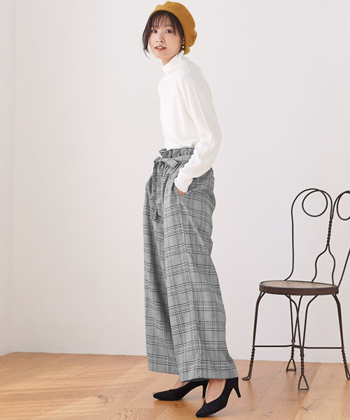 Pierrot(ピエロ)の「ウエストリボンチェック柄ワイドパンツ(その他パンツ・レディース・ブラック/ブラック系その他/ブラウン・L/M)」の7枚目の写真