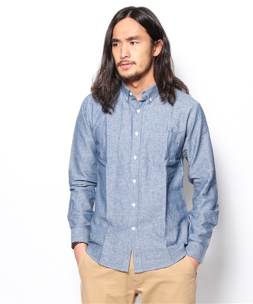 WEGO(ウィゴー)の「WEGO/綿麻メランジダンガリーLSシャツ(シャツ/ブラウス・メンズ・ホワイト/ネイビー/レッド/サックスブルー・MEDIUM/SMALL/LARGE)」の1枚目の写真
