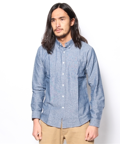 WEGO(ウィゴー)の「WEGO/綿麻メランジダンガリーLSシャツ(シャツ/ブラウス・メンズ・ホワイト/ネイビー/レッド/サックスブルー・MEDIUM/SMALL/LARGE)」の5枚目の写真