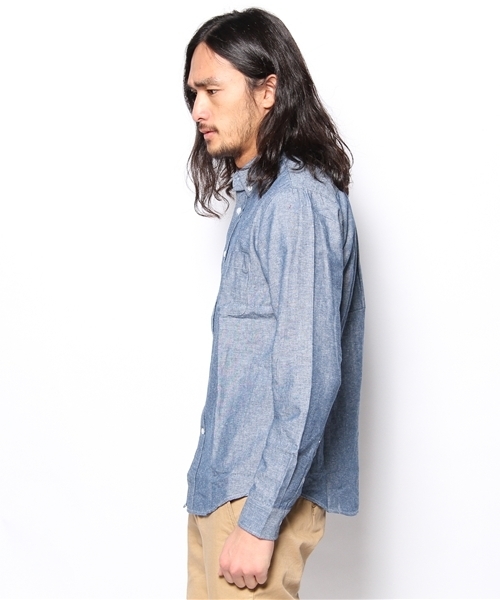 WEGO(ウィゴー)の「WEGO/綿麻メランジダンガリーLSシャツ(シャツ/ブラウス・メンズ・ホワイト/ネイビー/レッド/サックスブルー・MEDIUM/SMALL/LARGE)」の6枚目の写真