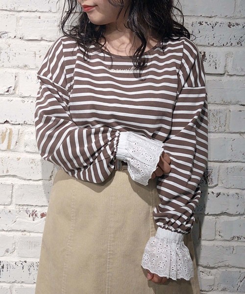 one after another NICE CLAUP(ワンアフターアナザーナイスクラップ)の「キャンディースリーブトップス(Tシャツ/カットソー・レディース・アイボリー/モカ/ブラウン系その他/ベージュ系その他/ネイビー×ホワイト・FREE)」の4枚目の写真