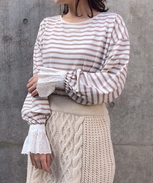 one after another NICE CLAUP(ワンアフターアナザーナイスクラップ)の「キャンディースリーブトップス(Tシャツ/カットソー・レディース・アイボリー/モカ/ブラウン系その他/ベージュ系その他/ネイビー×ホワイト・FREE)」の5枚目の写真