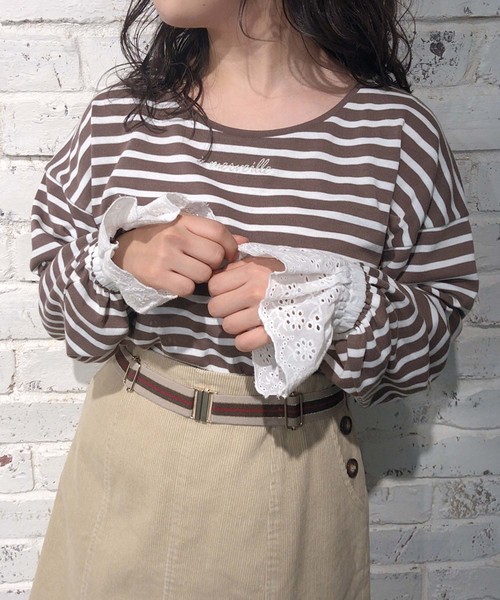 one after another NICE CLAUP(ワンアフターアナザーナイスクラップ)の「キャンディースリーブトップス(Tシャツ/カットソー・レディース・アイボリー/モカ/ブラウン系その他/ベージュ系その他/ネイビー×ホワイト・FREE)」の14枚目の写真