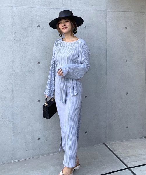 CIEL'AIR（シエルエアー）の「【CIEL'AIR/シエルエアー】ウエストリボンプリーツロングスカート（セットアップアイテム）（スカート・レディース・グレー/ベージュ・FREE）」の5枚目の写真