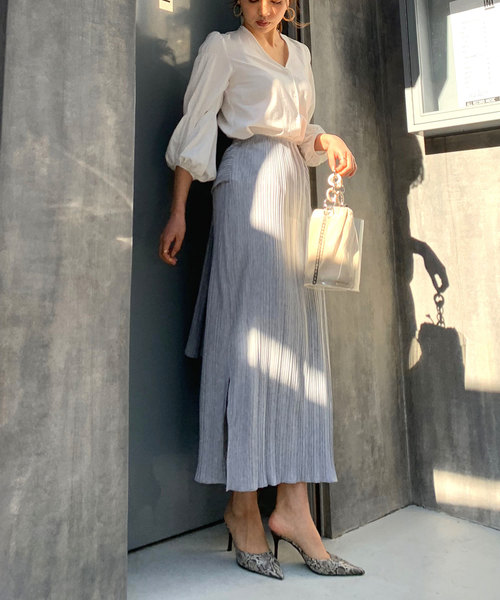 CIEL'AIR（シエルエアー）の「【CIEL'AIR/シエルエアー】ウエストリボンプリーツロングスカート（セットアップアイテム）（スカート・レディース・グレー/ベージュ・FREE）」の6枚目の写真