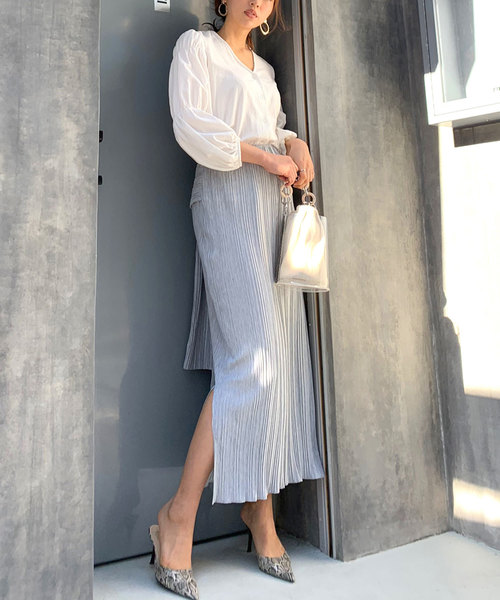 CIEL'AIR（シエルエアー）の「【CIEL'AIR/シエルエアー】ウエストリボンプリーツロングスカート（セットアップアイテム）（スカート・レディース・グレー/ベージュ・FREE）」の7枚目の写真