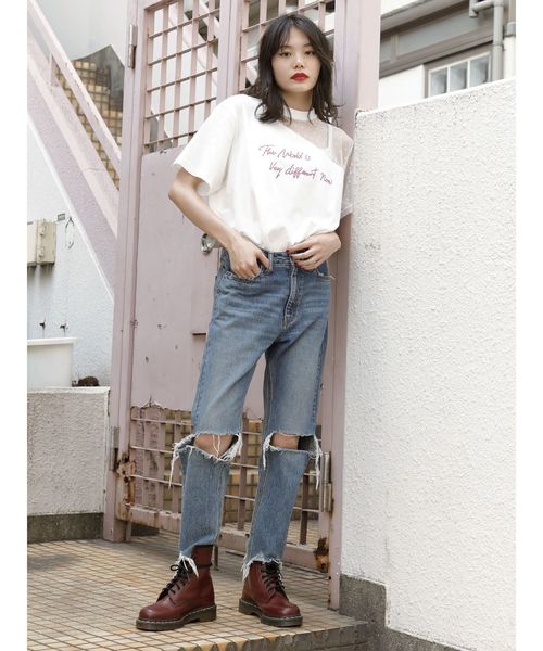 jouetie（ジュエティ）の「シースルーオープンショルダーT（Tシャツ/カットソー・レディース・オフホワイト/オレンジ/ブラック・MEDIUM）」の4枚目の写真