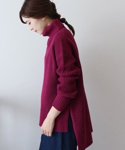 AMERICAN HOLIC(アメリカンホリック)の「ワッフルタートル裾スリットニットチュニック *(ニット/セーター・レディース・ブラウン/ベージュ系その他2/グリーン/ネイビー/パープル・M/L)」の5枚目の写真