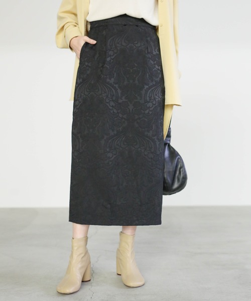 select MOCA（セレクトモカ）の「2020 S/S  ジャガードロングスカート (刺繍デザイン後ろスリット両ポケット付きタイトスカート)（スカート・レディース・ブラック/ベージュ・FREE）」の9枚目の写真
