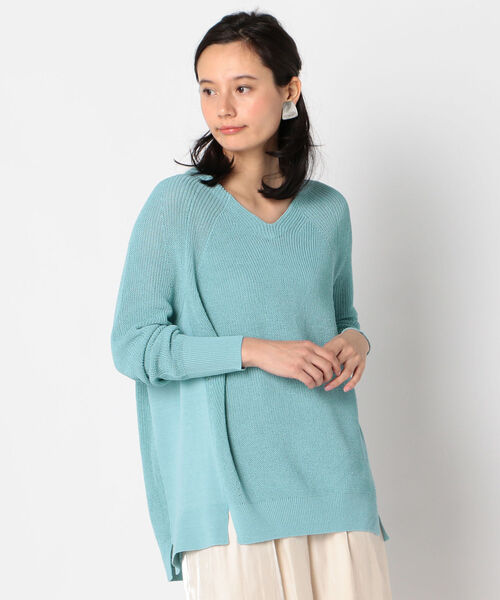 NOLLEY’S Sophi(ノーリーズソフィ)の「リネン混片畦Vネックプルオーバーニット(ニット/セーター・レディース・オフホワイト/ミント/キャメル・38)」の2枚目の写真