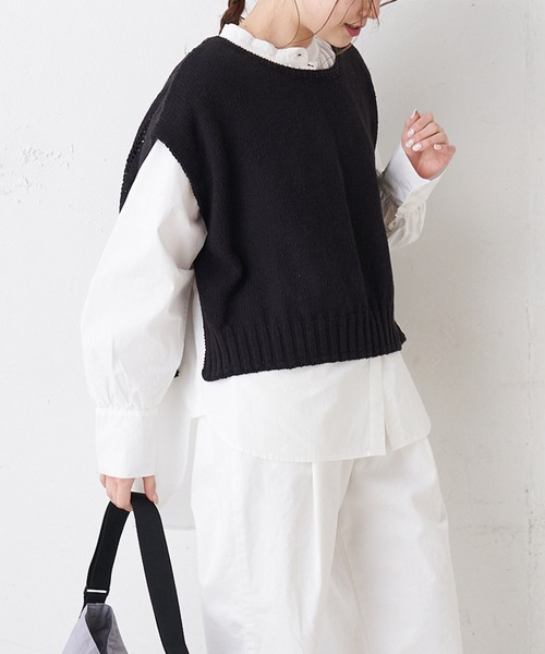 PUAL CE CIN（ピュアルセシン）の「綿麻／コットンリネン／スラブ針抜きベスト（ベスト・レディース・ホワイト/ナチュラル/ブラック・FREE）」の3枚目の写真