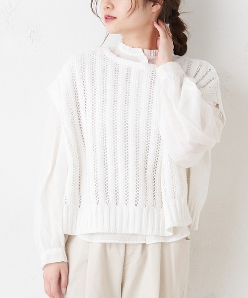 PUAL CE CIN（ピュアルセシン）の「綿麻／コットンリネン／スラブ針抜きベスト（ベスト・レディース・ホワイト/ナチュラル/ブラック・FREE）」の4枚目の写真