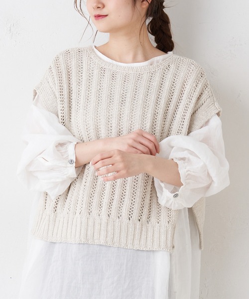 PUAL CE CIN（ピュアルセシン）の「綿麻／コットンリネン／スラブ針抜きベスト（ベスト・レディース・ホワイト/ナチュラル/ブラック・FREE）」の11枚目の写真