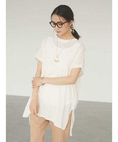 CRAFT STANDARD BOUTIQUE（クラフトスタンダードブティック）の「シアーTブラウスチュニック　＊（Tシャツ/カットソー・レディース・チャコールグレー/ベージュ/サックスブルー/アイボリー・FREE）」の5枚目の写真