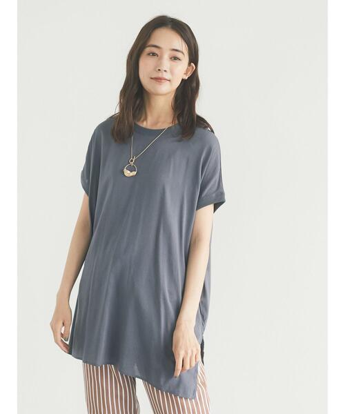 CRAFT STANDARD BOUTIQUE（クラフトスタンダードブティック）の「シアーTブラウスチュニック　＊（Tシャツ/カットソー・レディース・チャコールグレー/ベージュ/サックスブルー/アイボリー・FREE）」の6枚目の写真
