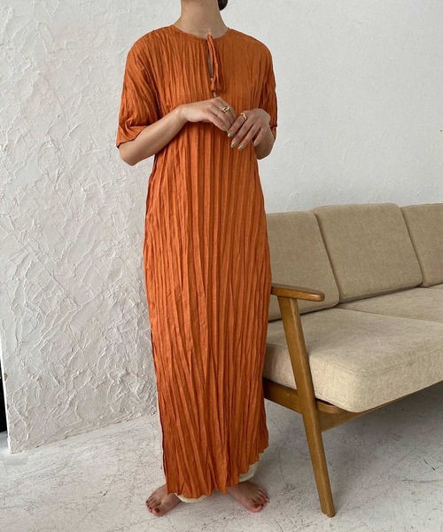 I_am（アイアム）の「crinkle layered ops（ワンピース・レディース・ブラウン/オフホワイト/オレンジ・FREE）」の3枚目の写真