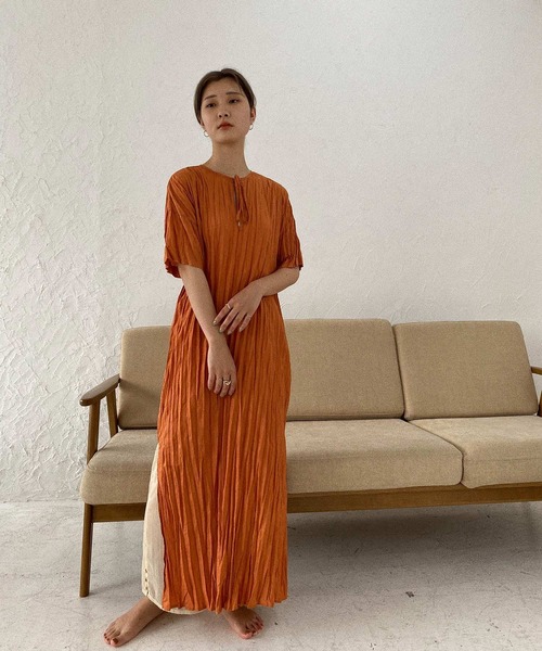 I_am（アイアム）の「crinkle layered ops（ワンピース・レディース・ブラウン/オフホワイト/オレンジ・FREE）」の10枚目の写真