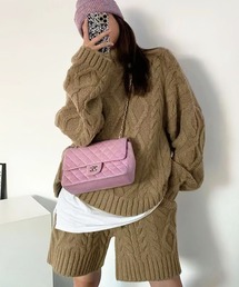 【ニットセットアップ】ハイネックケーブルニット×ショートパンツ SET