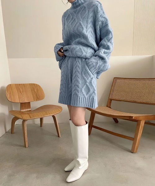 me+em select(ミームセレクト)の「【ニットセットアップ】ハイネックケーブルニット×ショートパンツ SET(セットアップ・レディース・ブラウン/ブルー/グレー/ブラック/ベージュ・FREE)」の6枚目の写真
